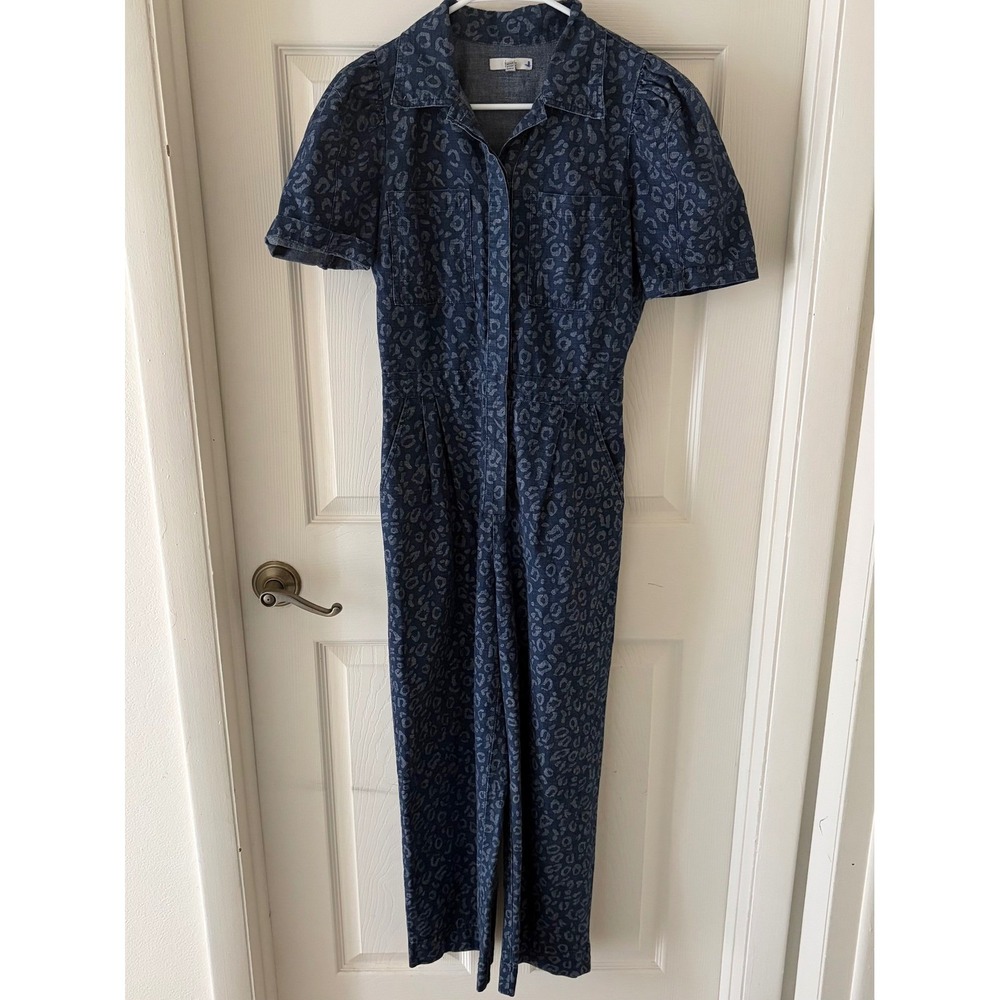 Joie Morgen Jumpsuit Size 4 Blue Leopard Denim Puff Sleeve $328